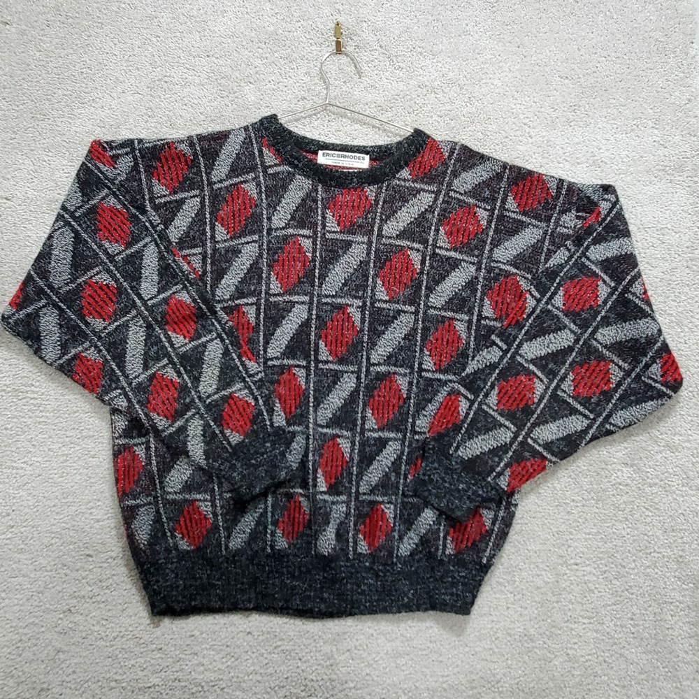 Eric Rhodes Sweater Mens XL Red Gray Dad Grandpa Textured‎ Vintage Geometric 90s